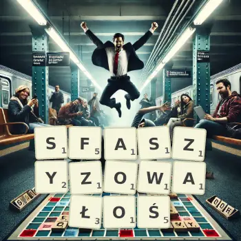 Kreatywna ilustracja do gry w Scrabble ze słowem SFASZYZOWAŁOŚ ułożonym z płytek na planszy.