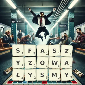 Kreatywna ilustracja do gry w Scrabble ze słowem SFASZYZOWAŁYŚMY ułożonym z płytek na planszy.