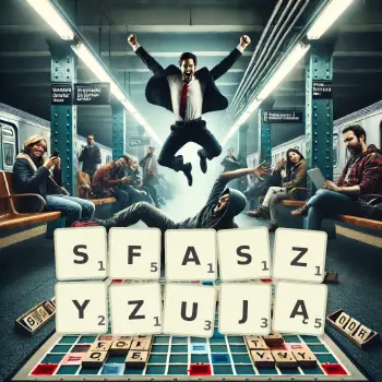 Kreatywna ilustracja do gry w Scrabble ze słowem SFASZYZUJĄ ułożonym z płytek na planszy.