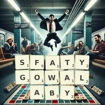 Kreatywna ilustracja do gry w Scrabble ze słowem SFATYGOWALABY ułożonym z płytek na planszy.