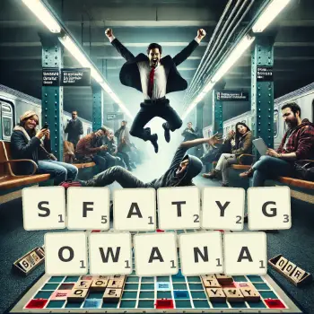 Kreatywna ilustracja do gry w Scrabble ze słowem SFATYGOWANA ułożonym z płytek na planszy.