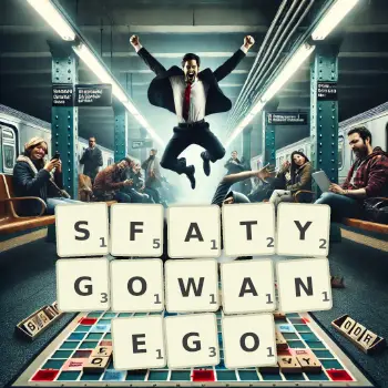 Kreatywna ilustracja do gry w Scrabble ze słowem SFATYGOWANEGO ułożonym z płytek na planszy.