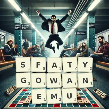 Kreatywna ilustracja do gry w Scrabble ze słowem SFATYGOWANEMU ułożonym z płytek na planszy.