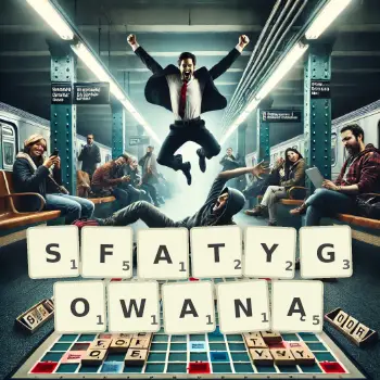Kreatywna ilustracja do gry w Scrabble ze słowem SFATYGOWANĄ ułożonym z płytek na planszy.
