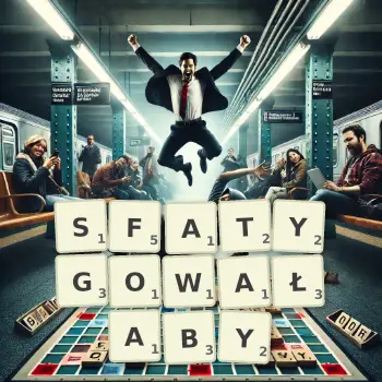 Kreatywna ilustracja do gry w Scrabble ze słowem SFATYGOWAŁABY ułożonym z płytek na planszy.