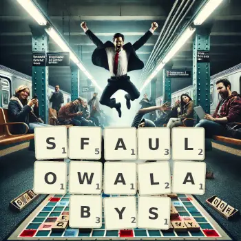 Kreatywna ilustracja do gry w Scrabble ze słowem SFAULOWALABYS ułożonym z płytek na planszy.