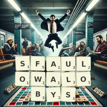 Kreatywna ilustracja do gry w Scrabble ze słowem SFAULOWALOBYS ułożonym z płytek na planszy.