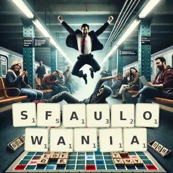 Kreatywna ilustracja do gry w Scrabble ze słowem SFAULOWANIA ułożonym z płytek na planszy.