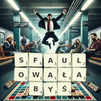 Kreatywna ilustracja do gry w Scrabble ze słowem SFAULOWAŁABYŚ ułożonym z płytek na planszy.