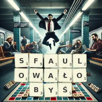 Kreatywna ilustracja do gry w Scrabble ze słowem SFAULOWAŁOBYŚ ułożonym z płytek na planszy.