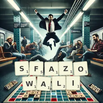 Kreatywna ilustracja do gry w Scrabble ze słowem SFAZOWALI ułożonym z płytek na planszy.