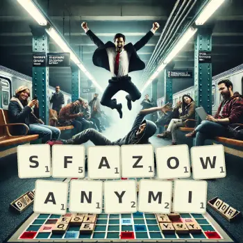 Kreatywna ilustracja do gry w Scrabble ze słowem SFAZOWANYMI ułożonym z płytek na planszy.