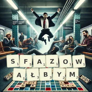 Kreatywna ilustracja do gry w Scrabble ze słowem SFAZOWAŁBYM ułożonym z płytek na planszy.