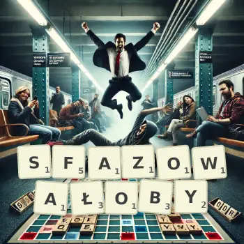 Kreatywna ilustracja do gry w Scrabble ze słowem SFAZOWAŁOBY ułożonym z płytek na planszy.