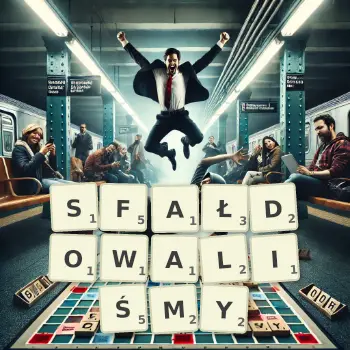 Kreatywna ilustracja do gry w Scrabble ze słowem SFAŁDOWALIŚMY ułożonym z płytek na planszy.
