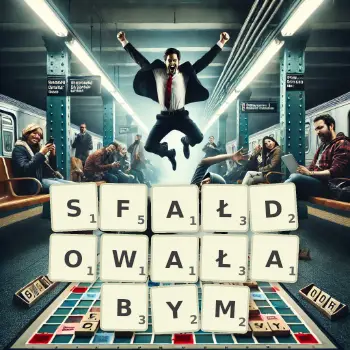 Kreatywna ilustracja do gry w Scrabble ze słowem SFAŁDOWAŁABYM ułożonym z płytek na planszy.