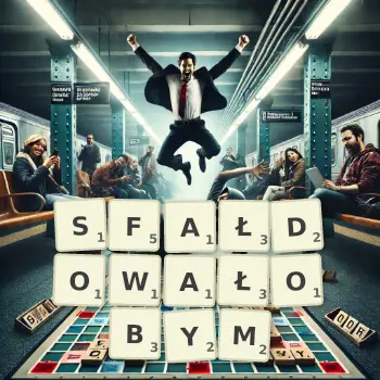 Kreatywna ilustracja do gry w Scrabble ze słowem SFAŁDOWAŁOBYM ułożonym z płytek na planszy.