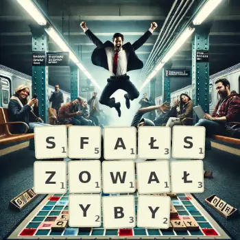 Kreatywna ilustracja do gry w Scrabble ze słowem SFAŁSZOWAŁYBY ułożonym z płytek na planszy.