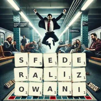 Kreatywna ilustracja do gry w Scrabble ze słowem SFEDERALIZOWANI ułożonym z płytek na planszy.