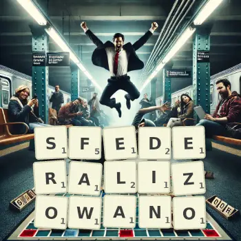 Kreatywna ilustracja do gry w Scrabble ze słowem SFEDERALIZOWANO ułożonym z płytek na planszy.