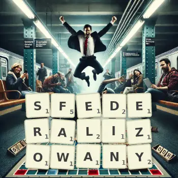 Kreatywna ilustracja do gry w Scrabble ze słowem SFEDERALIZOWANY ułożonym z płytek na planszy.