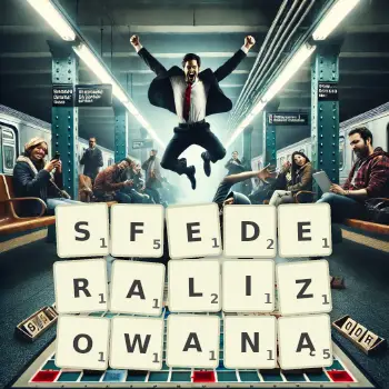 Kreatywna ilustracja do gry w Scrabble ze słowem SFEDERALIZOWANĄ ułożonym z płytek na planszy.