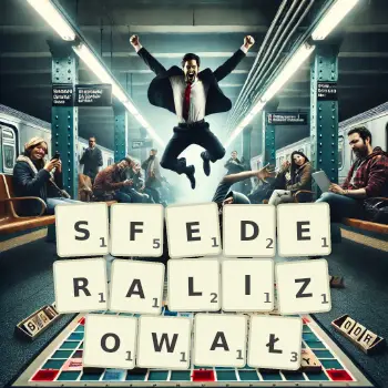 Kreatywna ilustracja do gry w Scrabble ze słowem SFEDERALIZOWAŁ ułożonym z płytek na planszy.