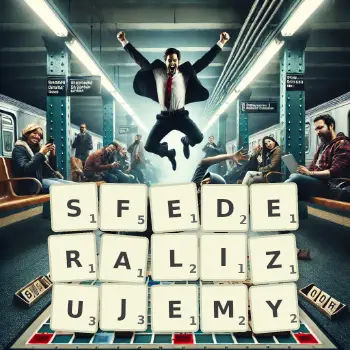 Kreatywna ilustracja do gry w Scrabble ze słowem SFEDERALIZUJEMY ułożonym z płytek na planszy.