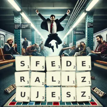 Kreatywna ilustracja do gry w Scrabble ze słowem SFEDERALIZUJESZ ułożonym z płytek na planszy.