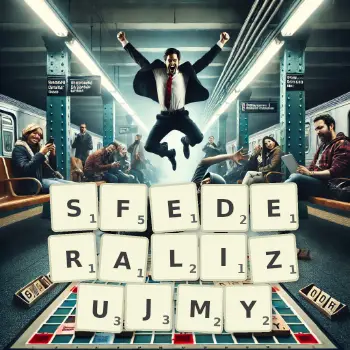 Kreatywna ilustracja do gry w Scrabble ze słowem SFEDERALIZUJMY ułożonym z płytek na planszy.