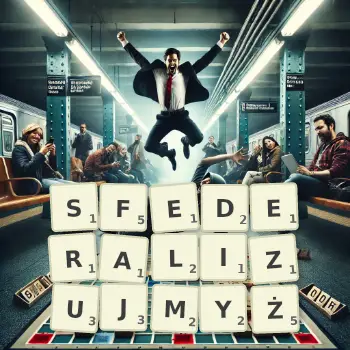 Kreatywna ilustracja do gry w Scrabble ze słowem SFEDERALIZUJMYŻ ułożonym z płytek na planszy.