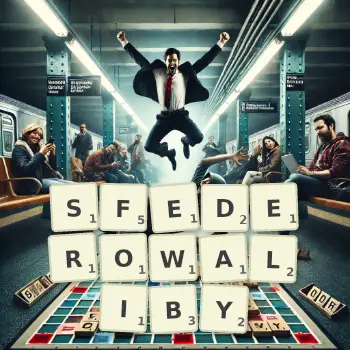 Kreatywna ilustracja do gry w Scrabble ze słowem SFEDEROWALIBY ułożonym z płytek na planszy.