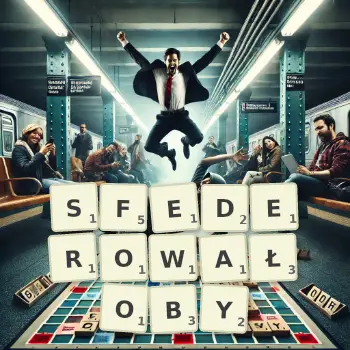 Kreatywna ilustracja do gry w Scrabble ze słowem SFEDEROWAŁOBY ułożonym z płytek na planszy.
