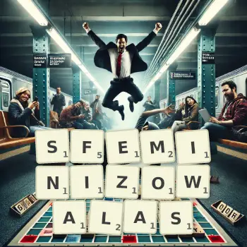 Kreatywna ilustracja do gry w Scrabble ze słowem SFEMINIZOWALAS ułożonym z płytek na planszy.