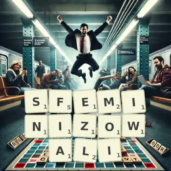 Kreatywna ilustracja do gry w Scrabble ze słowem SFEMINIZOWALI ułożonym z płytek na planszy.