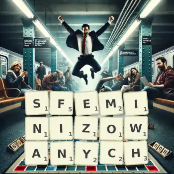 Kreatywna ilustracja do gry w Scrabble ze słowem SFEMINIZOWANYCH ułożonym z płytek na planszy.