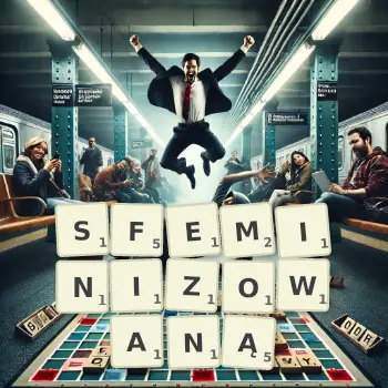 Kreatywna ilustracja do gry w Scrabble ze słowem SFEMINIZOWANĄ ułożonym z płytek na planszy.