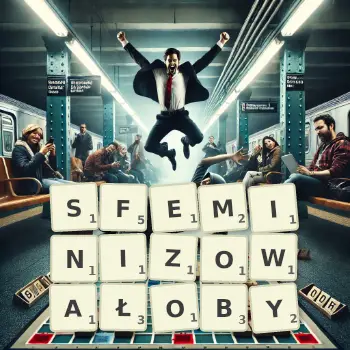 Kreatywna ilustracja do gry w Scrabble ze słowem SFEMINIZOWAŁOBY ułożonym z płytek na planszy.