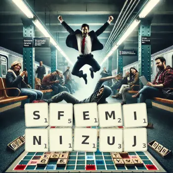 Kreatywna ilustracja do gry w Scrabble ze słowem SFEMINIZUJ ułożonym z płytek na planszy.