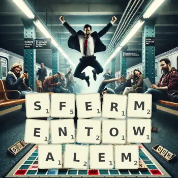 Kreatywna ilustracja do gry w Scrabble ze słowem SFERMENTOWALEM ułożonym z płytek na planszy.