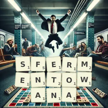 Kreatywna ilustracja do gry w Scrabble ze słowem SFERMENTOWANA ułożonym z płytek na planszy.