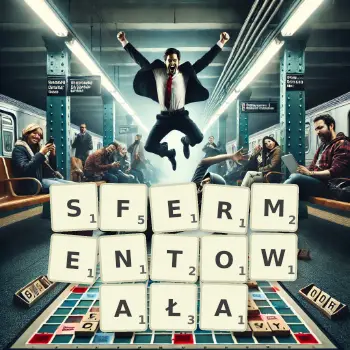 Kreatywna ilustracja do gry w Scrabble ze słowem SFERMENTOWAŁA ułożonym z płytek na planszy.