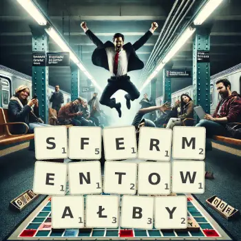 Kreatywna ilustracja do gry w Scrabble ze słowem SFERMENTOWAŁBY ułożonym z płytek na planszy.