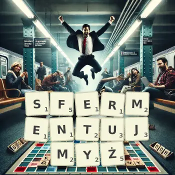 Kreatywna ilustracja do gry w Scrabble ze słowem SFERMENTUJMYŻ ułożonym z płytek na planszy.