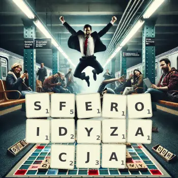 Kreatywna ilustracja do gry w Scrabble ze słowem SFEROIDYZACJA ułożonym z płytek na planszy.