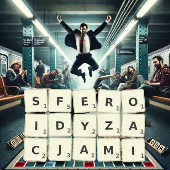Kreatywna ilustracja do gry w Scrabble ze słowem SFEROIDYZACJAMI ułożonym z płytek na planszy.