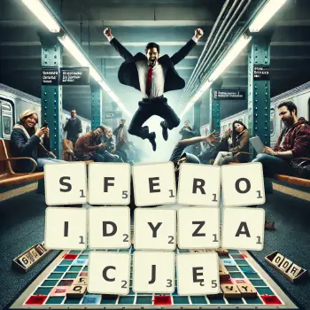 Kreatywna ilustracja do gry w Scrabble ze słowem SFEROIDYZACJĘ ułożonym z płytek na planszy.