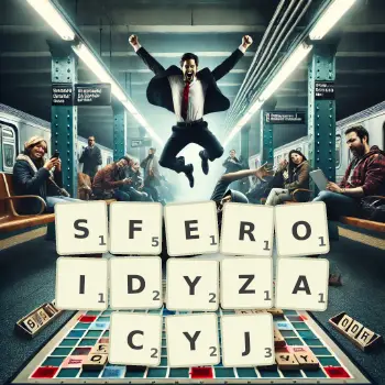 Kreatywna ilustracja do gry w Scrabble ze słowem SFEROIDYZACYJ ułożonym z płytek na planszy.