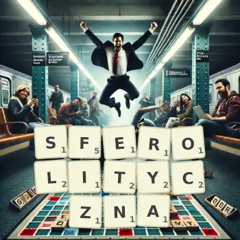 Kreatywna ilustracja do gry w Scrabble ze słowem SFEROLITYCZNA ułożonym z płytek na planszy.