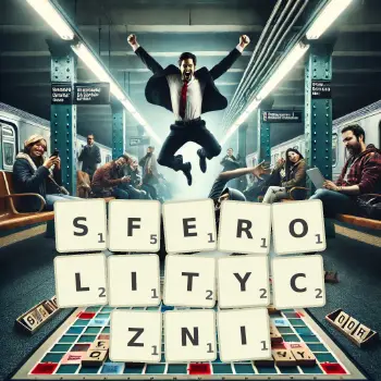 Kreatywna ilustracja do gry w Scrabble ze słowem SFEROLITYCZNI ułożonym z płytek na planszy.